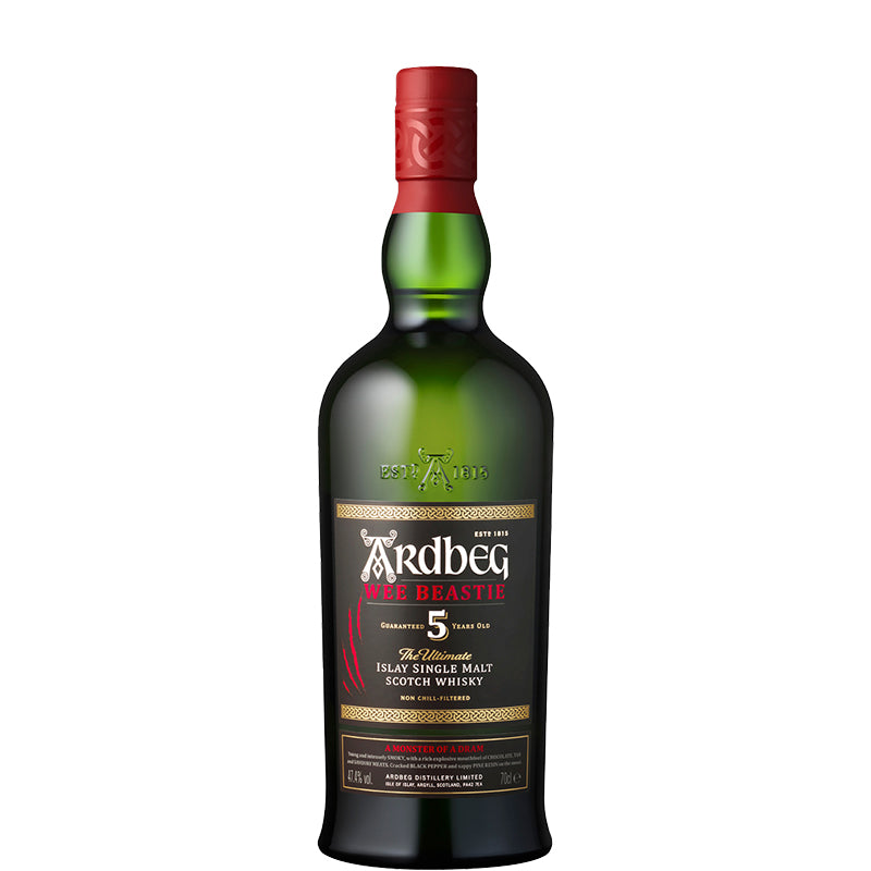 Ardbeg 5 jaar oud Wee Beastie Schotse maltwhisky in een groene fles met zwart etiket.