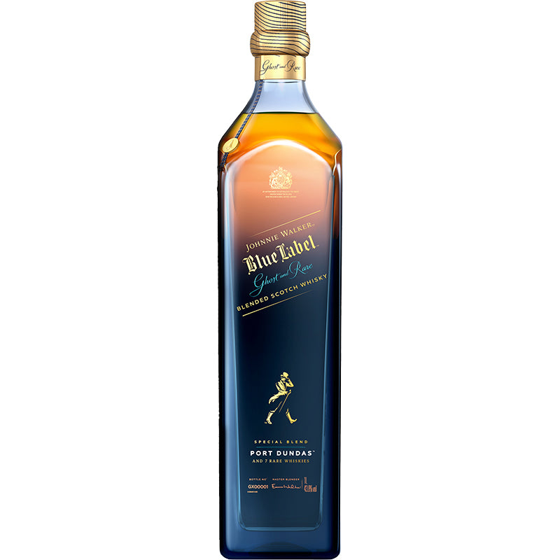 Johnnie Walker Ghost & Rare Port Dundas blended Scotch whisky in een fles met blauw kleurverloop en schuin etiket.