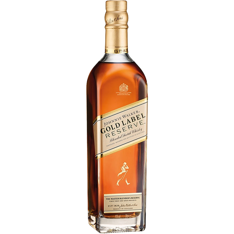 Johnnie Walker Gold Reserve blended Scotch whisky van 1 liter in een heldere fles met schuin goudkleurig etiket.