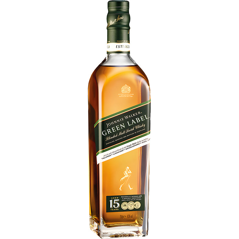Johnnie Walker Green Label 15 jaar oud blended malt whisky in een fles met schuin groen etiket.