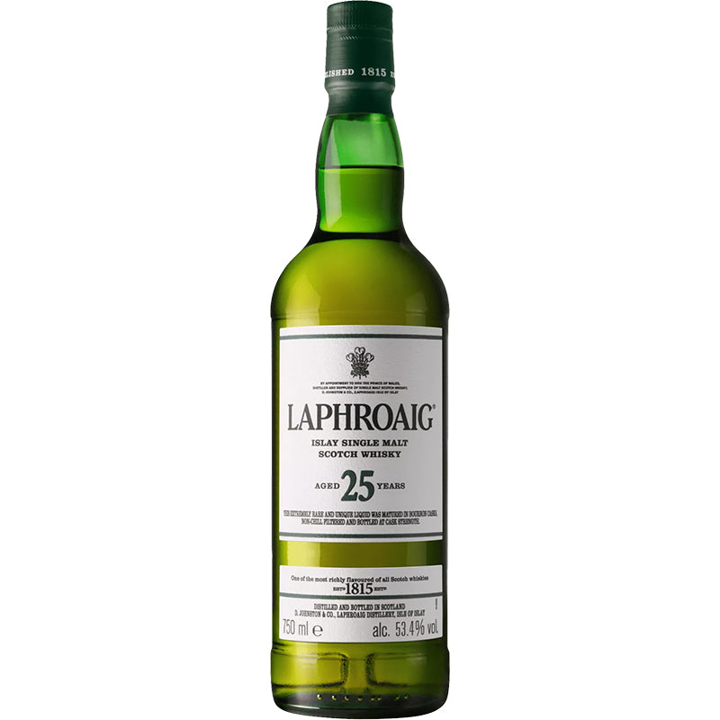 Laphroaig 25 Release 2019 Schotse maltwhisky in een groene fles met wit etiket.
