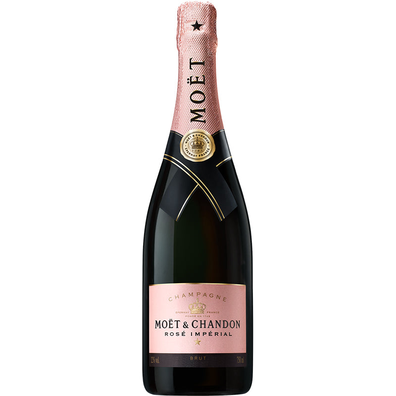 Moët & Chandon Rosé Imperial champagne van 75 cl in een donkere fles met roze etiket en roze folie.