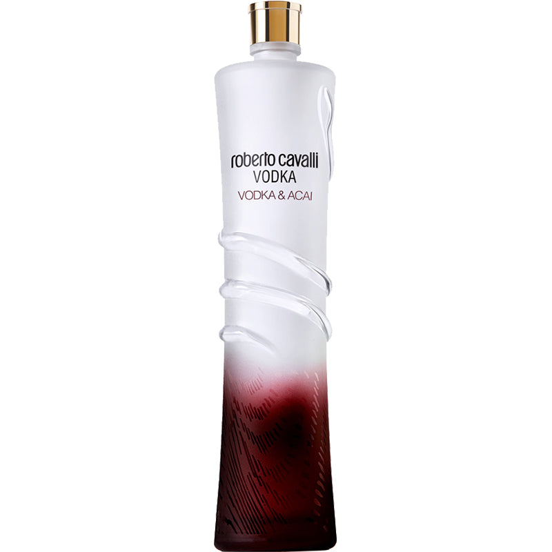 Roberto Cavalli Acai wodka in een witte fles met donkerrode voet en slangenreliëf.