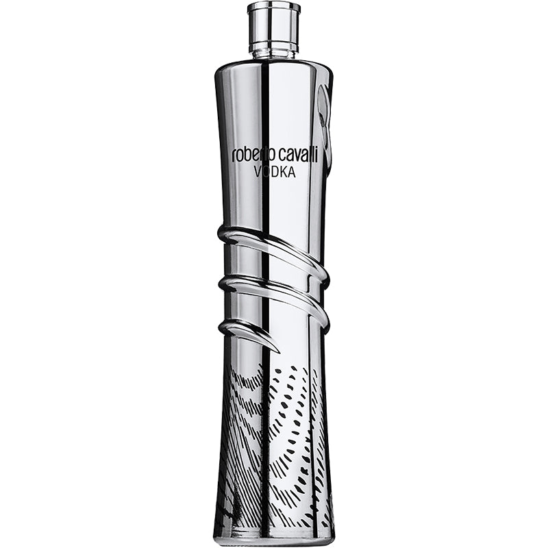 Roberto Cavalli Mirror Edition wodka in een spiegelende zilverkleurige fles met slangenreliëf.