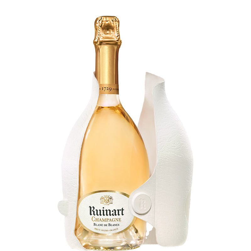 Ruinart Blanc De Blancs van 75 cl in een heldere champagnefles naast een witte flesverpakking.