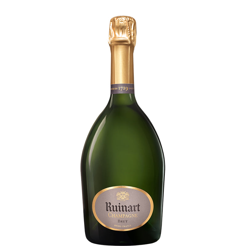 Ruinart 'R' de Ruinart Brut Magnum van 1,5 liter in een groene champagnefles met ovaal etiket en goudkleurige folie.