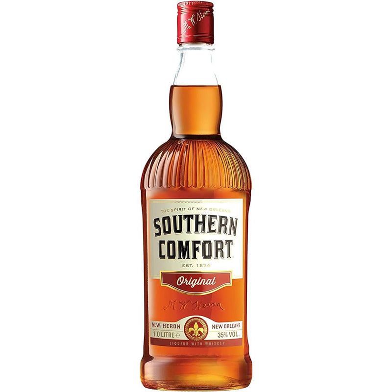 Southern Comfort likeur van 1 liter in een fles met wit-rood etiket.