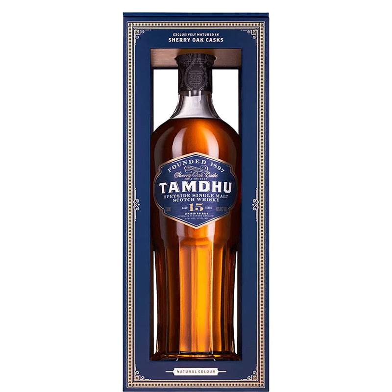 Tamdhu 15 jaar oud Schotse maltwhisky in een geribbelde fles in een geschenkdoos met venster.