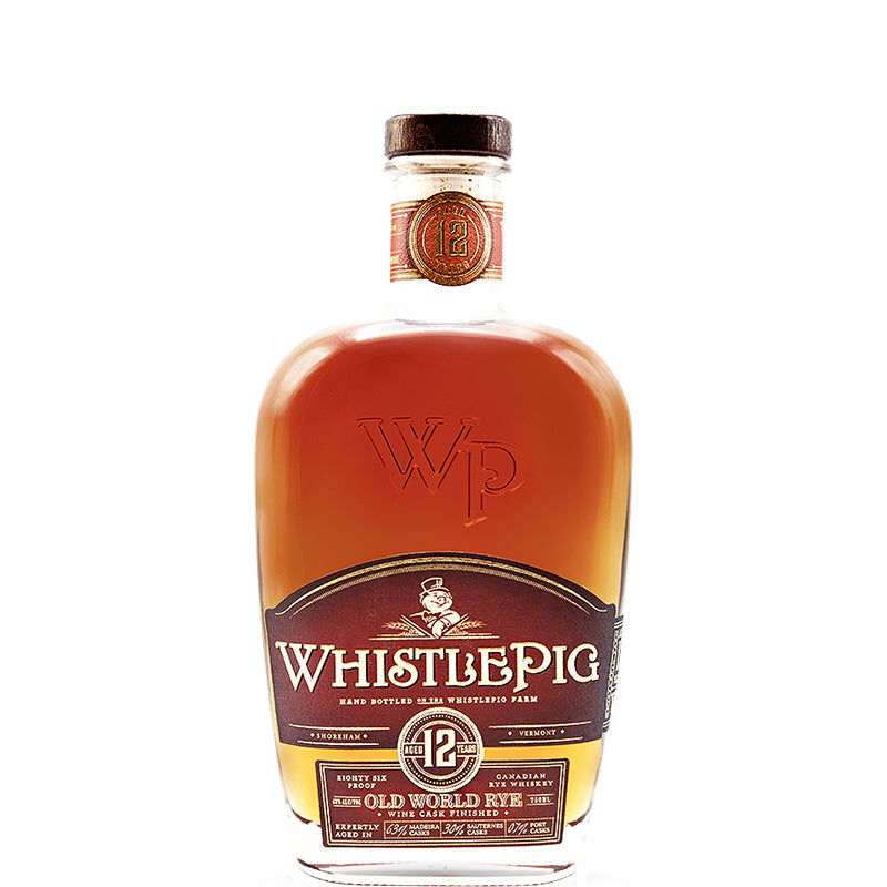 Whistlepig 12 jaar oud rye whiskey in een brede fles met rood etiket.