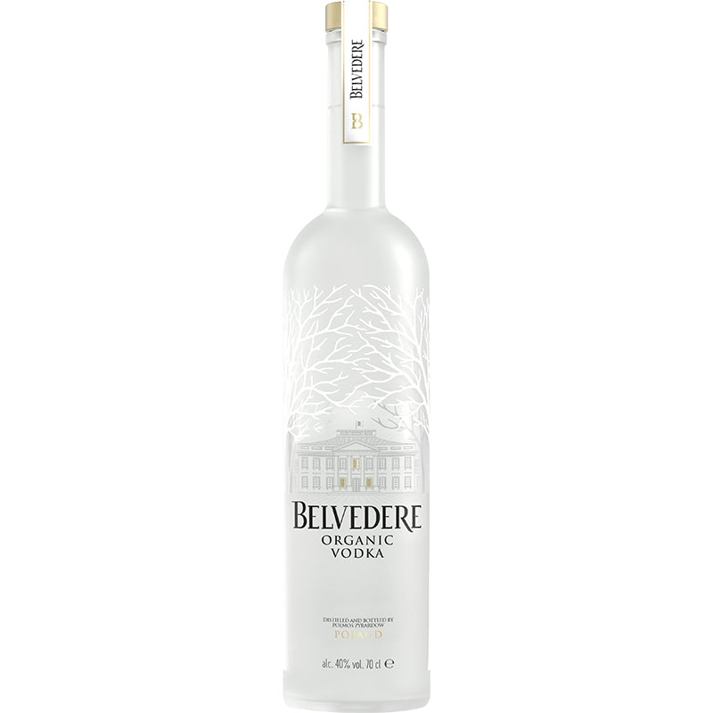 Belvedere Organic Vodka in een matwitte fles met boomreliëf.