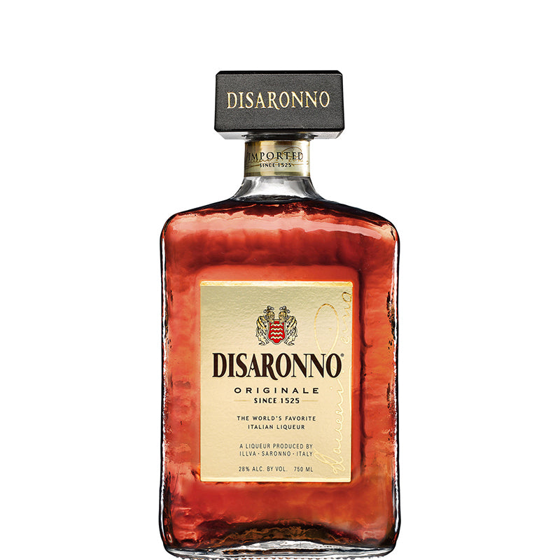 Disaronno Originale likeur van 1 liter in een vierkante fles met grote zwarte dop.