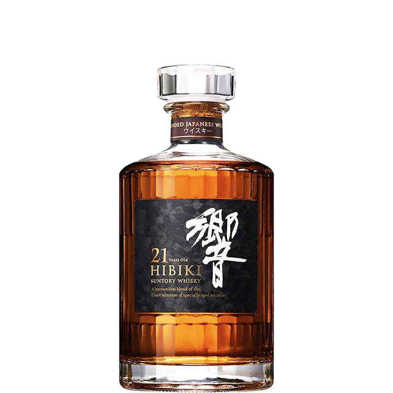 Hibiki 21 jaar oud Japanse whisky in een gefacetteerde fles met Japans etiket.