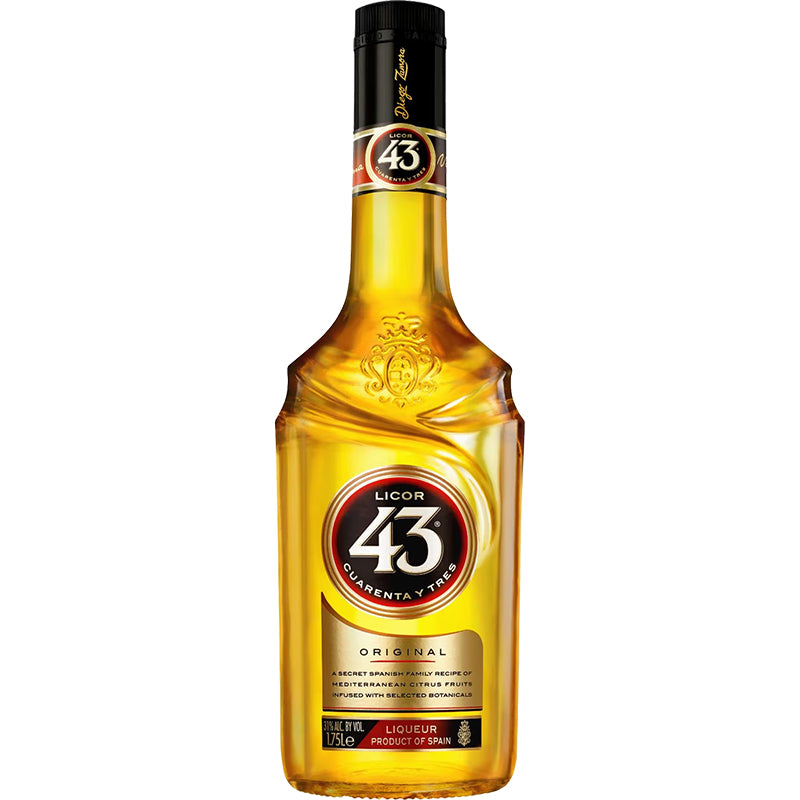 Licor 43 van 1 liter in een heldere fles met goudgele likeur en rond 43-logo.