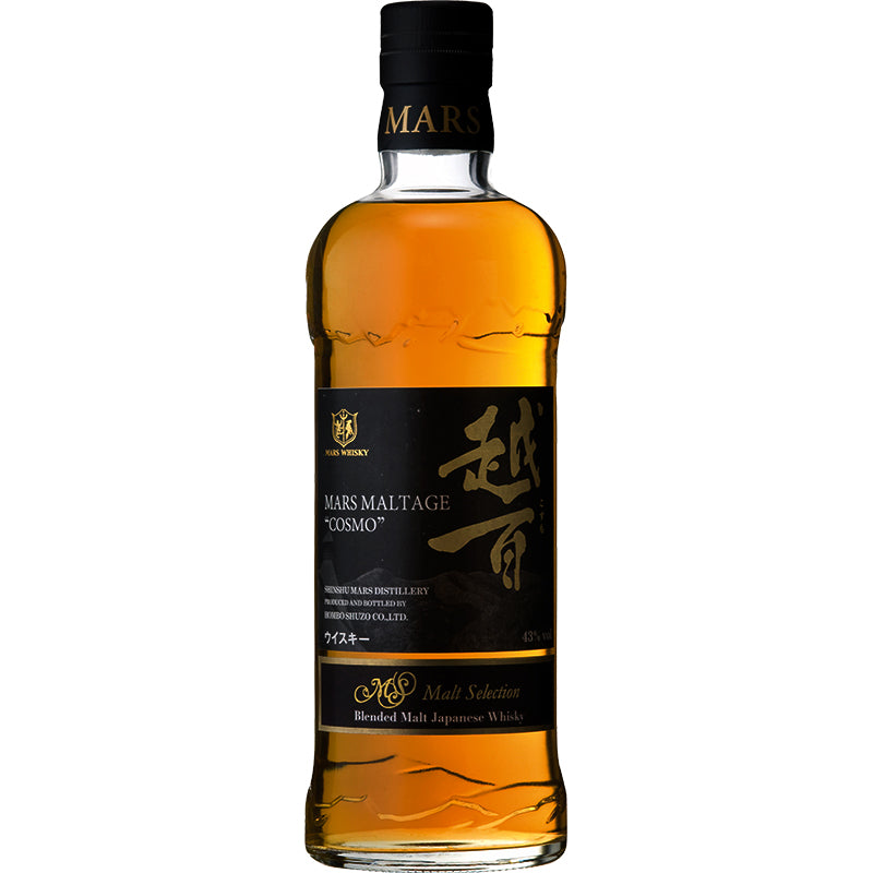 Mars Maltage Cosmo Japanse whisky in een fles met zwart-gouden Japans etiket.