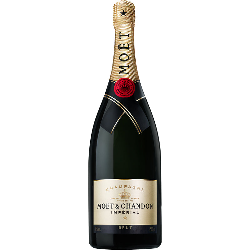 Moët & Chandon Brut Imperial Jeroboam van 3 liter in een donkere champagnefles met crèmekleurig etiket en goudkleurige folie.