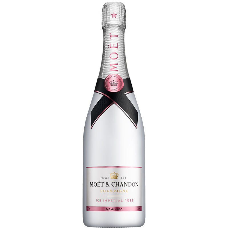 Moët & Chandon Ice Rosé champagne van 75 cl in een witte fles met roze accenten.