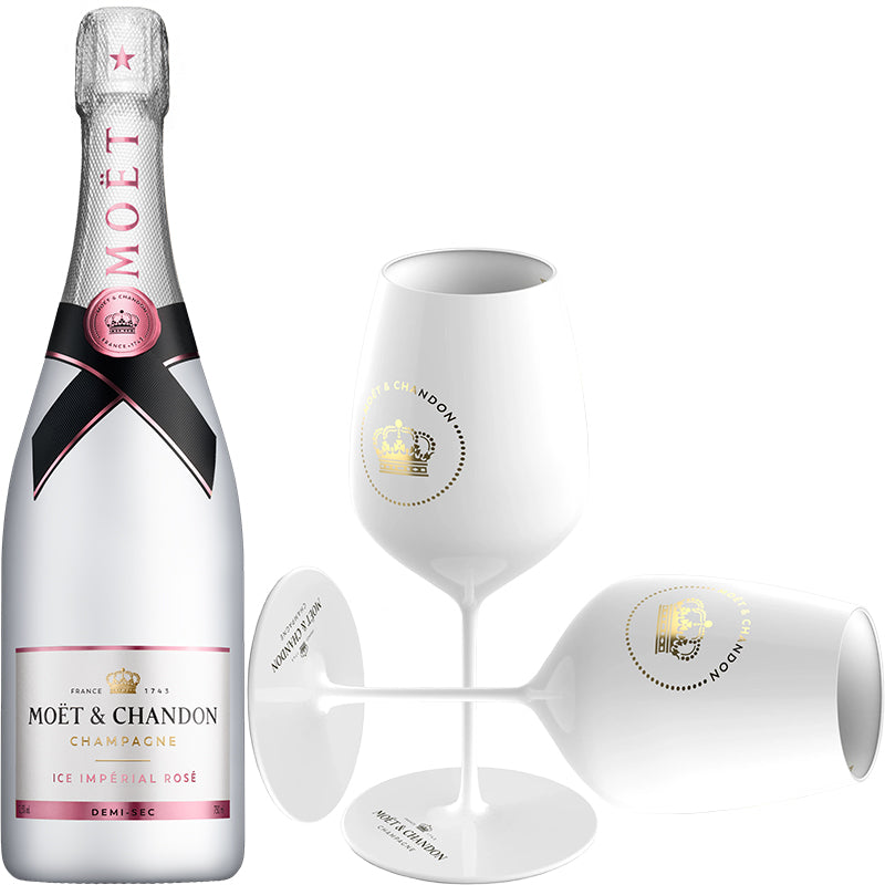Moët & Chandon Ice Rosé champagne in een wit-roze fles met twee witte champagneglazen.