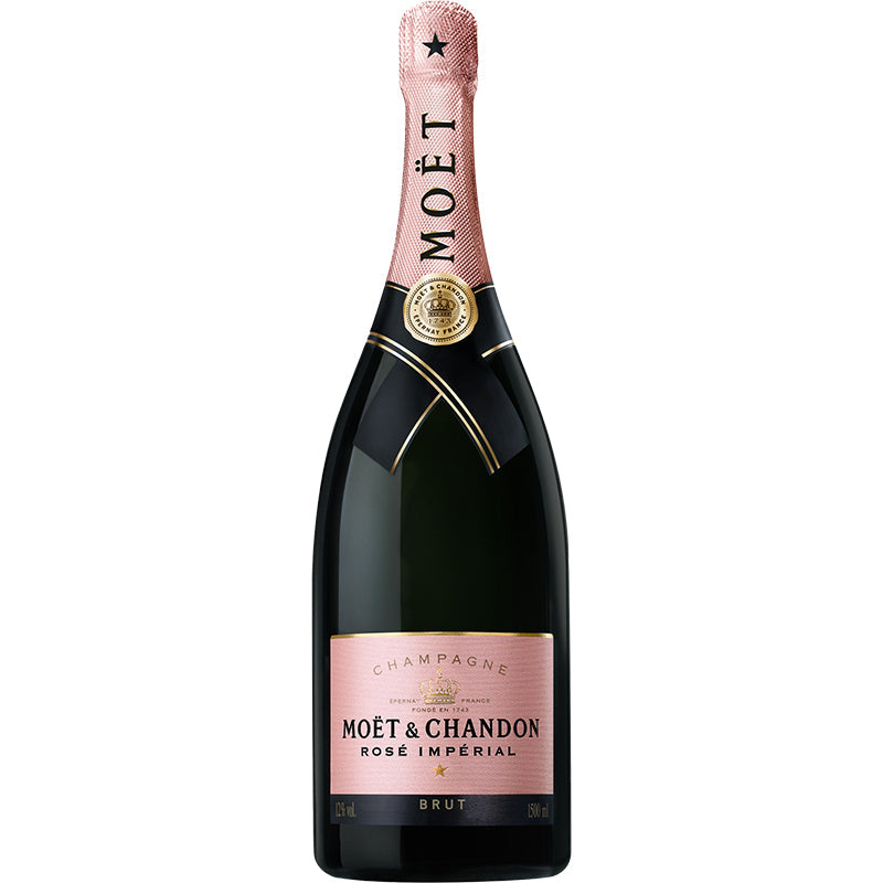 Moët & Chandon Rosé Imperial Jeroboam champagne van 3 liter in een donkere fles met roze etiket en roze folie.