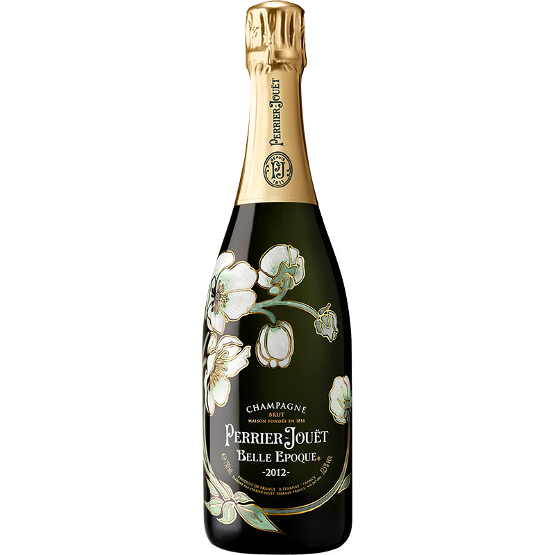 Perrier-Jouët Belle Epoque Brut 2012 Magnum van 1,5 liter in een donkere champagnefles met bloemenillustraties.