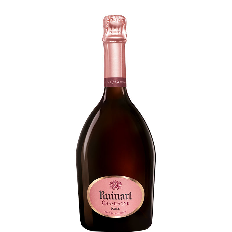 Ruinart Rosé Magnum van 1,5 liter in een donkere champagnefles met roze etiket en roze folie.