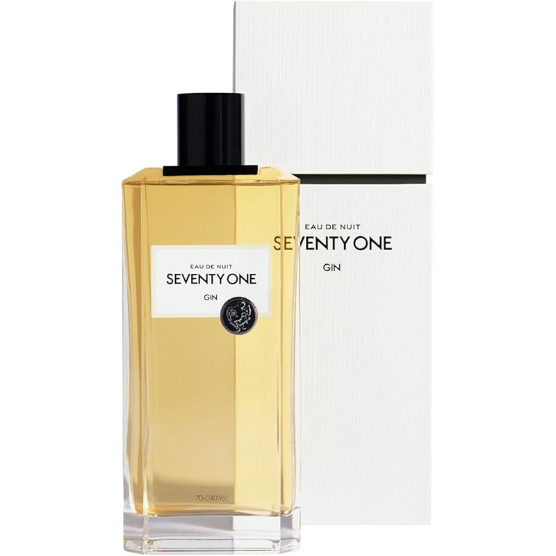 Seventy One 71 Night Flask gin in een rechthoekige fles naast een witte geschenkdoos.